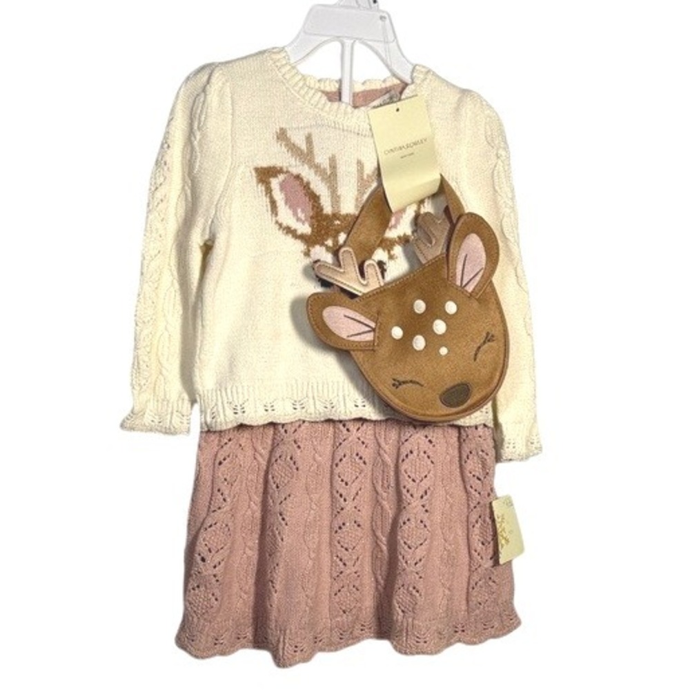 Cynthia Rowley Christmas Holiday Sweater Skirt Set w/Deer Purse‎ Pink Cream 12M